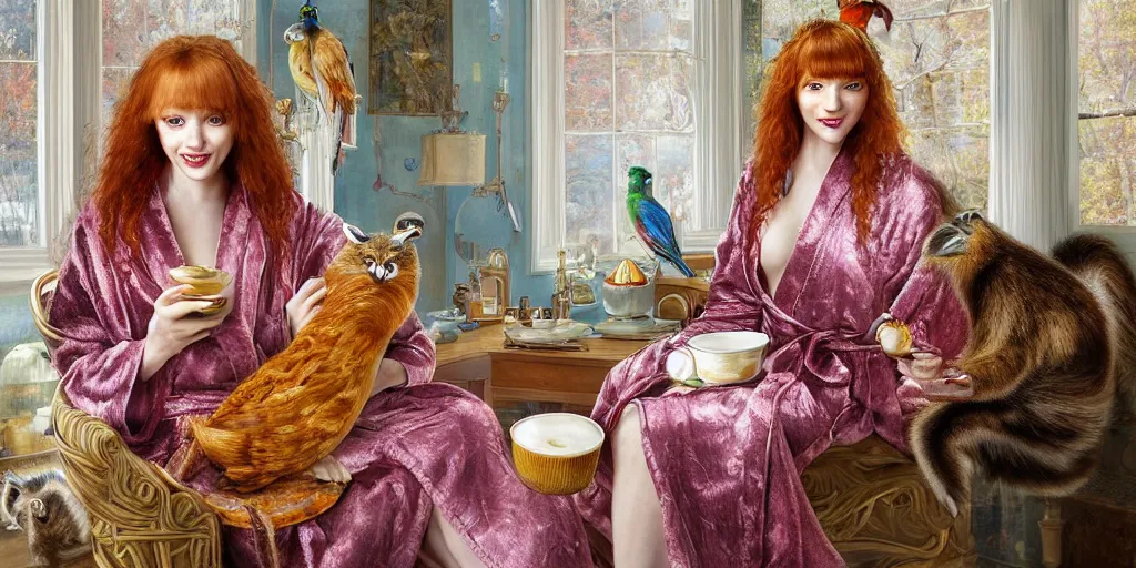 Prompt: a stunning hyper-detailed photorealistic painting of a slender beautiful smiling woman with long ginger hair and bangs, wearing a luxurious silk robe, wearing headphones and posing with her large ginger tabby cat and her raccoon and parrots in an overstuffed easy chair in her sunlit victorian living room, holding a porcelain parrot-shaped coffee mug and a donut, perfect eyes, fashion photography, cinematic lighting, octane render, IBEX Mastesr, unreal engine, 85 mm lens,