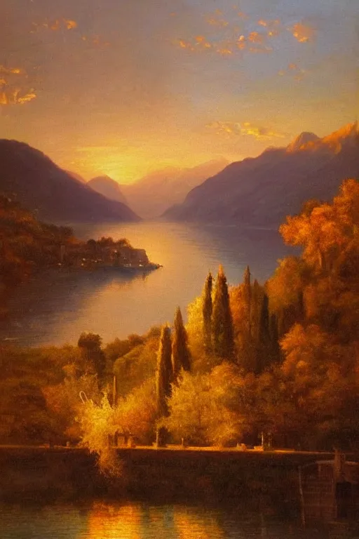 Prompt: A beautiful oil painting of Lake Como, intricate, elegant, golden hour, volumetric lighting, summer, hyperrealistic, colorful, hyperdetailed.