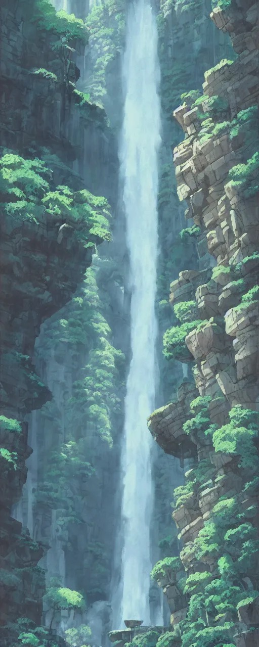 Prompt: ancient monument waterfall, ilya kushinov, by makoto shinkai, studio ghibli, gouache matte painting,