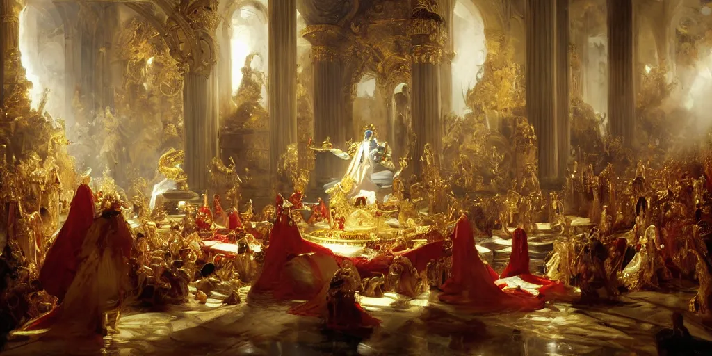 Image similar to beautiful oil painting, alien in royal crimson robes enthroned as the alien god emperor of ancient civilization surrounded by servants in gilded halls a golden wreath upon his head, by anders zorn, wonderful masterpiece by greg rutkowski, beautiful cinematic light, american romanticism, by thomas lawrence, greg rutkowski