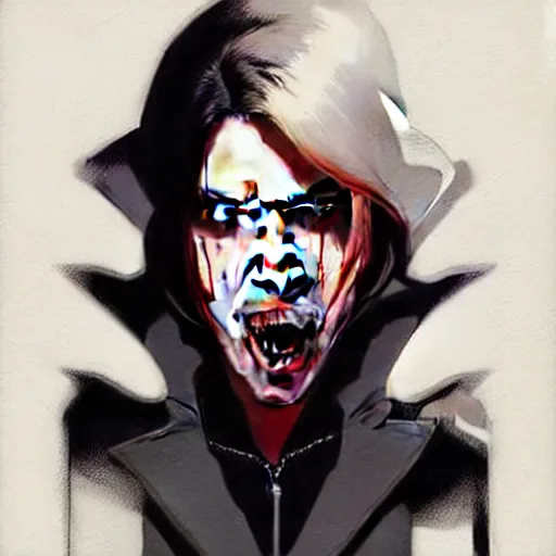 Image similar to rafael albuquerque comic art, peter mohrbacher, steve niles, artgerm, pretty scarlett johansson vampire sharp vampire teeth open mouth, symmetrical eyes, black leather jacket, jeans, long blonde hair