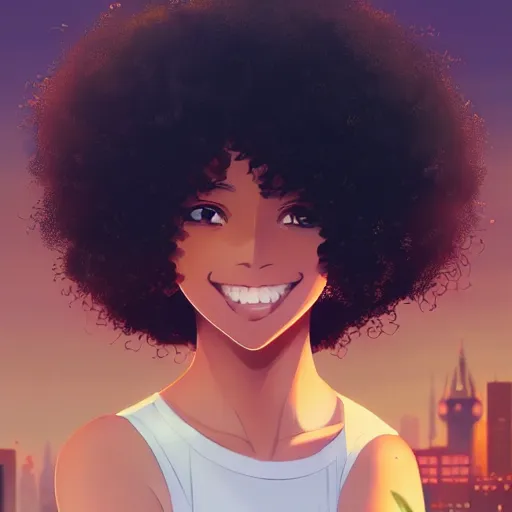 Prompt: a beautiful woman with Beautiful smile and afro hair , dark brown hair and tan skin, dark brown eyes, city landscape, 4k, anime key visual, lois van baarle, ilya kuvshinov, rossdraws, artstation