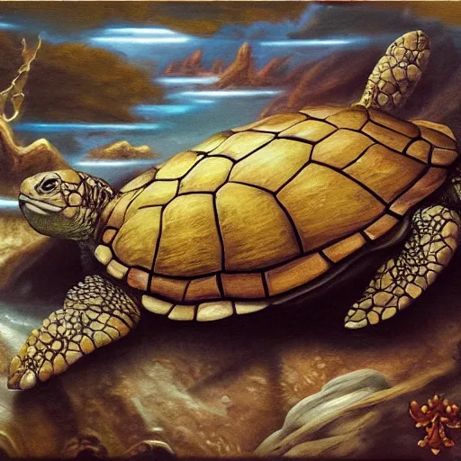 Image similar to Realm carried on a shell of a turtle, fantasy, oil painting, extra detailed