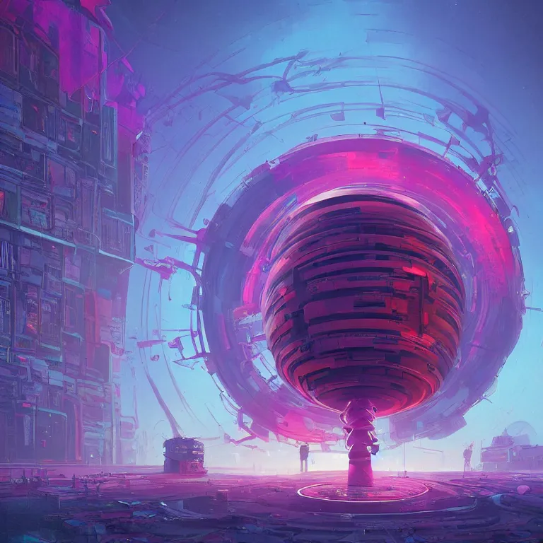 Prompt: a circle!! spiral!! portal!!! structure floating in space!!, cyberpunk, epic surrealism, indigo, purple, bright red, cyan, detailed digital matte painting in the style of simon stalenhag and painting by ralph mcquarrie