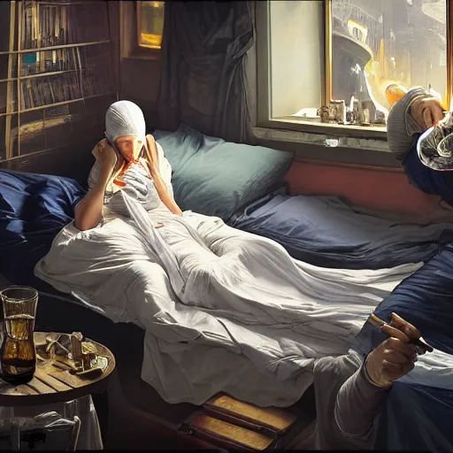 Image similar to young man in tinfoil hat and a girl sleeping in bed close to guinness bottles highly detailed, digital painting, artstation, concept art, smooth, sharp focus, illustration, art by artgerm and greg rutkowski and alphonse mucha