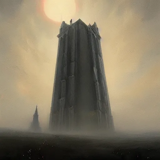 Image similar to A beautiful painting of a tower made out of marble reaching towards the sky, magical energy, surrounded by mist, big red moon in the background, detailed, by Greg Rutkowski, trending on artstation