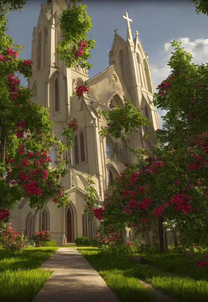 Prompt: a church filled with lots of plants and flowers, a flemish baroque by thomas cole, unsplash, baroque, sanctuary, rendered in unreal engine, unreal engine