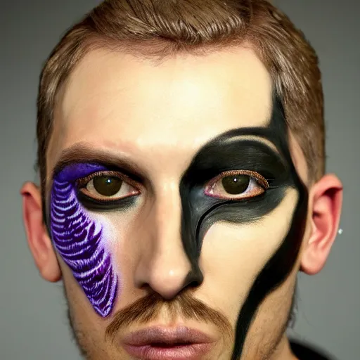 Image similar to an award finning closeup facial portrait by akseli kallen gallela luis rogyo and john howe of a bohemian male cyberpunk traveller clothed in excessivelyg fashionable 8 0 s haute couture fashion and wearing ornate art nouveau body paint