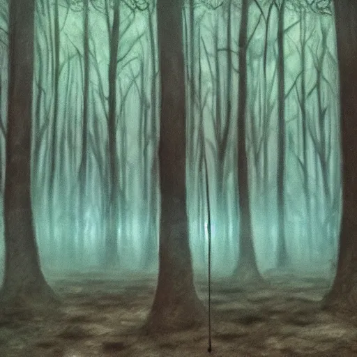 Image similar to dark forest protected by strange creature, the matrix movie style, oil paint, inside a museum while people taking photographs of it