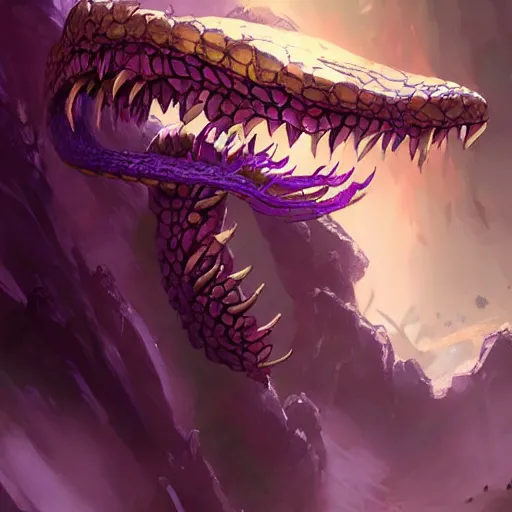 Image similar to a violet snake-head, snake head, two fangs, violet theme, epic fantasy digital art style, fantasy artwork, by Greg Rutkowski, fantasy hearthstone card art style