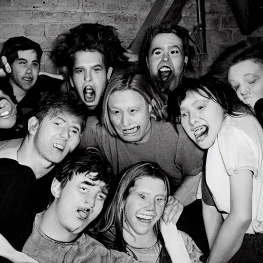 Prompt: A Group of Friends having a moment of nostalgia in their cramped basement, 90s Film Photo, Flash Photography, 40mm lens, Award Winning, 8k Film Scan