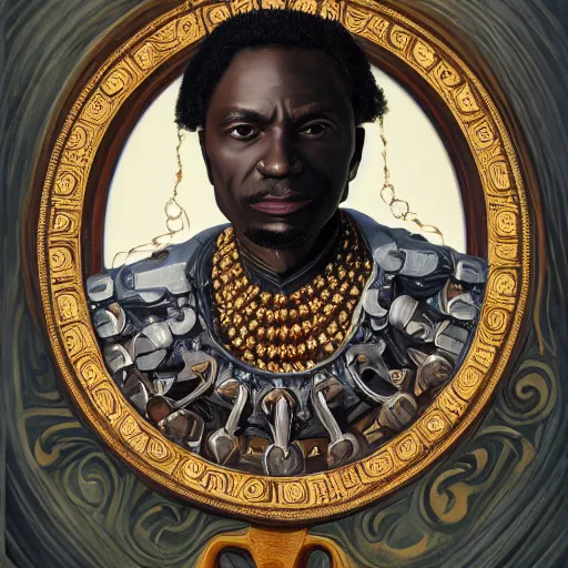 Prompt: a professionally painted portrait of daddy Bailey, clothed in ancient battle armor, dark skin, dark hair, beautiful bone structure, symmetrical facial features, stunningly beautiful, intricate, elegant, digital painting, smooth, sharp focus, illustration, from Kehinde Wiley and Kara Walker