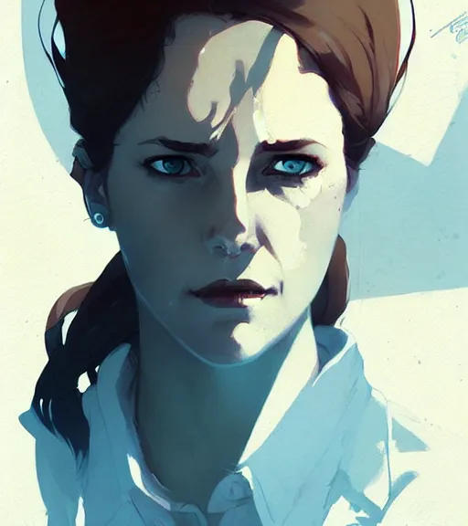 Image similar to portrait of a female john constantine by atey ghailan, by greg rutkowski, by greg tocchini, by james gilleard, by joe fenton, by kaethe butcher, dynamic lighting, gradient light blue, brown, blonde cream and white color scheme, grunge aesthetic