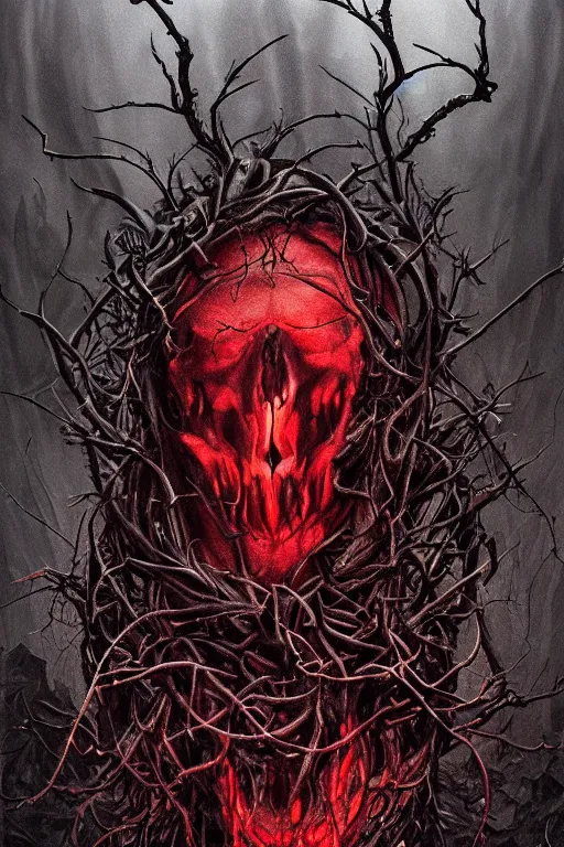 Image similar to realistic portrait beautiful detailed matte painting of cinematic movie scene a wolf skull, tentacles, black and red, thorns, vines, horror, created by gustave dore and greg rutkowski, high detailed, smooth draw, synthwave neon retro, intricate, realistic proportions, dramatic lighting, trending on artstation.