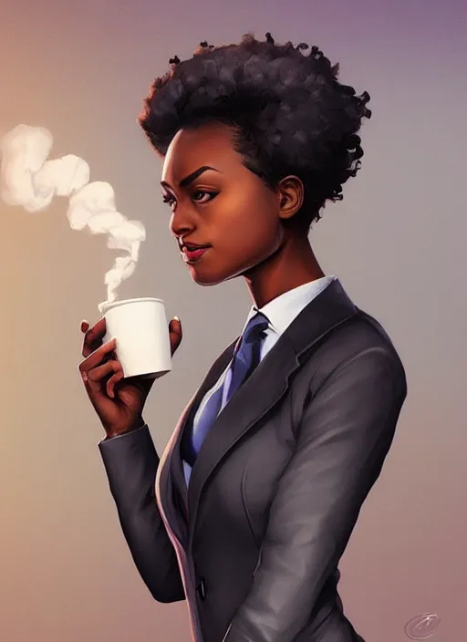 Prompt: detailed digital painting of beautiful black woman with natural hair in corporate attire holding a steaming coffee mug, fanart behance trending on artstation, concept art, matte, sharp focus, illustration, corner office background, hearthstone, art by artgerm and greg rutkowski and alphonse mucha