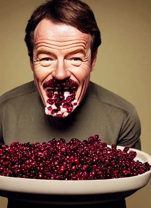 Prompt: bryan cranston bulging cheeks eating cranberries, open mouth spilling cranberries, hamster cheeks, studio light, bloom, detailed face, magazine, press, photo, steve mccurry, david lazar, canon, nikon, focus