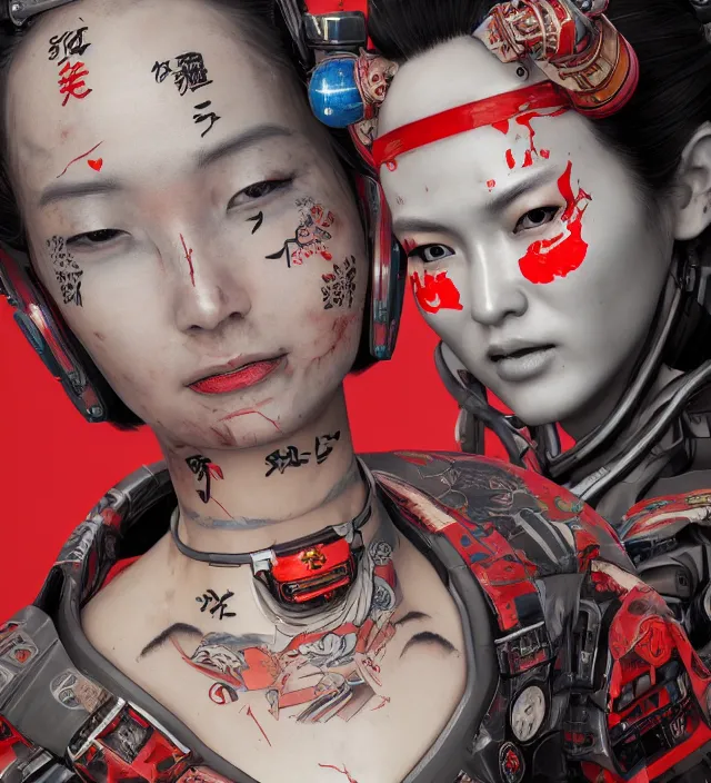 Image similar to an epic fantastic realism comic book style portrait painting of a japanese robotic geisha with kanji tattoos and decals, apex legends, octane render, intricate detail, 4 k hd, unreal engine 5