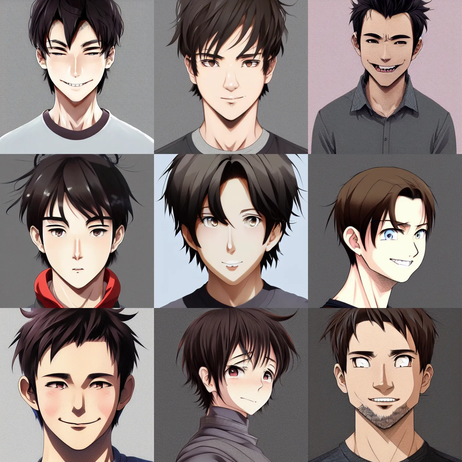 Prompt: A medium shot anime portrait of a smiling anime man with short light-brown hair and grey eyes, grey-eyed, medium shot portrait, his whole head fits in the frame, solid color background, flat anime style shading, head shot, 2d digital drawing by Stanley Artgerm Lau, WLOP, Rossdraws, James Jean, Andrei Riabovitchev, Marc Simonetti, and Sakimi chan, trending on artstation