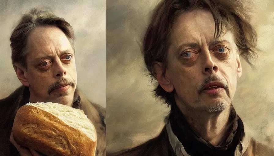 Image similar to beautiful portrait of steve buscemi as a loaf of bread, art by anders zorn, wonderful masterpiece by greg rutkowski, beautiful cinematic light, american romanticism thomas lawrence, greg rutkowski