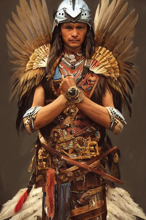 Prompt: an Aztec Eagle warrior wearing an eagle helmet and wooden feathers on his arms, fantasy, intricate, cinematic lighting, highly detailed, beautiful, digital painting, artstation, masterpiece, concept art, smooth, sharp focus, illustration, art by Artgerm and Greg Rutkowski and Alphonse Mucha and william-Adolphe Bouguereau