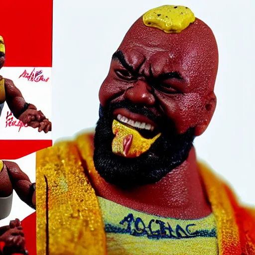 Prompt: mr. t action figure melting in acid, detailed facial expressions, 1 9 8 0 s aesthetic