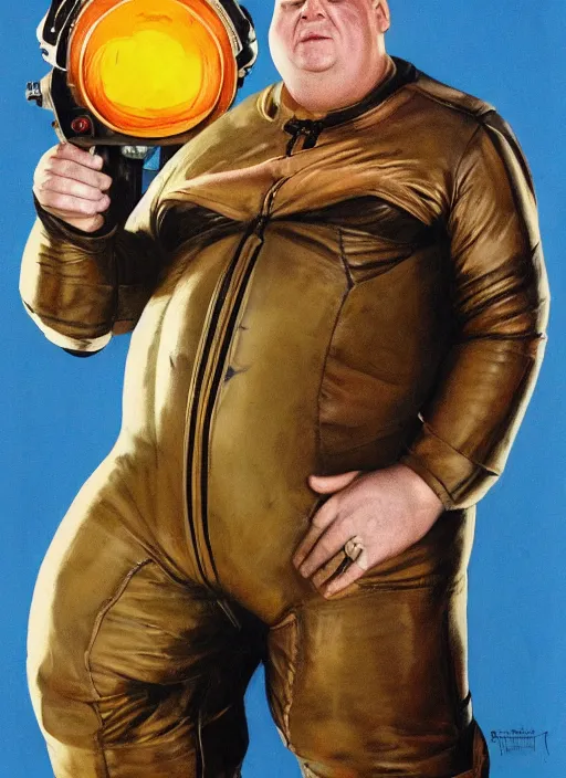 Prompt: upper body portrait of shaun ryder as baron harkonnen wearing a leather spacesuit floating in space and firing a retro ray gun, by tom lovell and dean cornwell and norman rockwell, photoreal, character concept art, artstation