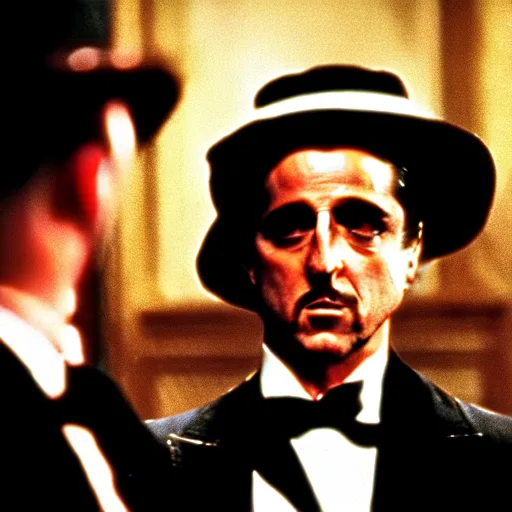 Image similar to a rabbit in the movie The Godfather, the rabbit is being held by Don Corleone