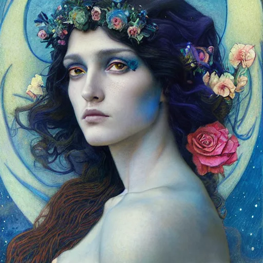 Image similar to queen of the moon with stars in her hair, by annie swynnerton and tino rodriguez and nicholas roerich and jean delville and donato giancola and tom bagshaw and evelyn demorgan and diego rivera, dramatic lighting, floral tattoos, rich colors, smooth sharp focus, extremely detailed, adolf wolfli