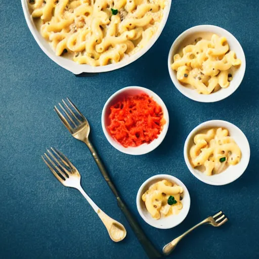 Prompt: tuna mac and cheese food photography black background soft focus in the style of Alan De Herrera