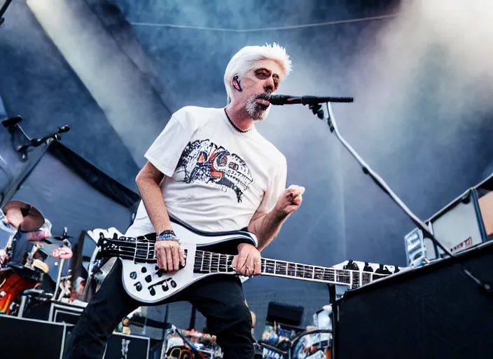 Image similar to photo still of michael mcdonald on stage at vans warped tour!!!!!!!! at age 3 8 years old 3 8 years of age!!!!!!! throwing a keytar into the crowd, 8 k, 8 5 mm f 1. 8, studio lighting, rim light, right side key light