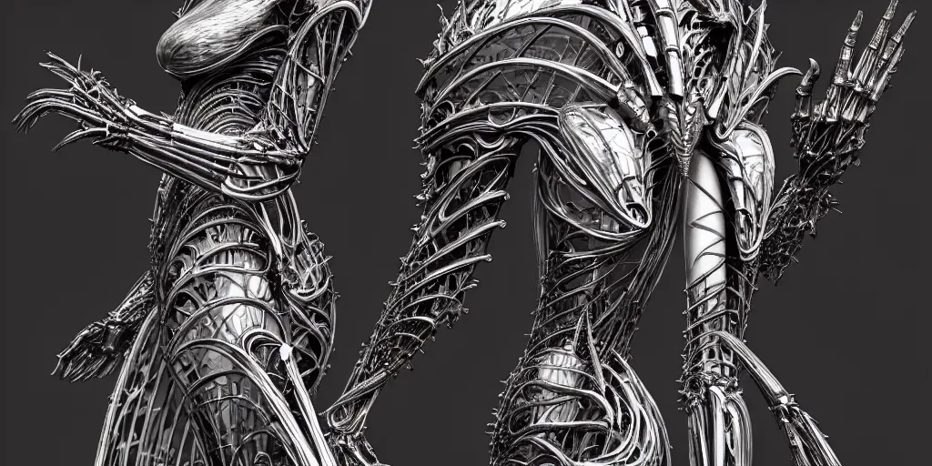 Image similar to walking down the catwalk, vogue, fashion show photo, iris van herpen baroque dress, beautiful woman, perfect body, full body shot, masterpiece, guyver, giger, biomechanical details, legendary dragon, space station, artstation