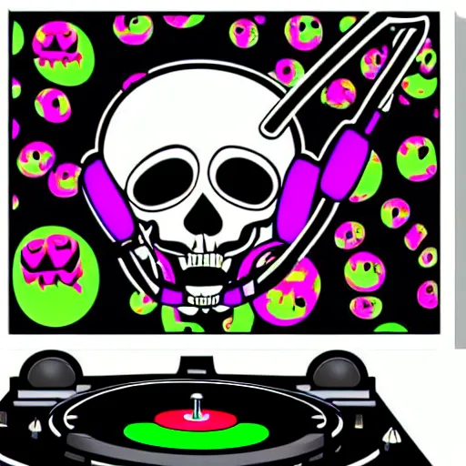 Prompt: svg sticker of a Dancing-Zombie-Skeleton, at a rave, spinning records, giant headphones rocking out, wearing headphones, huge speakers, dancing, rave, DJ, spinning records, digital art, amazing composition, rule-of-thirds, award-winning, trending on artstation, featured on deviantart