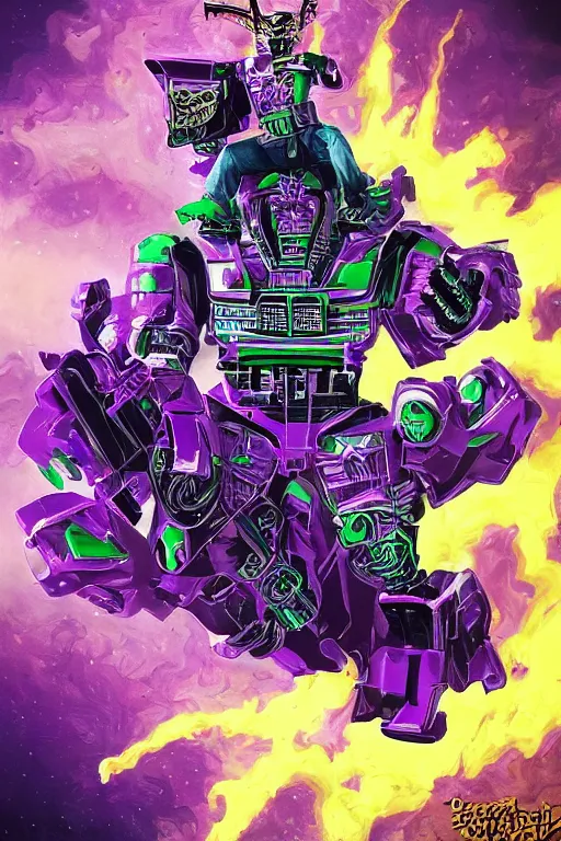 Image similar to portrait of cowboy johnny cash as purple green optimus prime power ranger from transformers surfing tonic stimulant fluids on air guitar zord UFO hoverboard, intricate, highly detailed, smooth, artstation, digital illustration by Lisa Frank and Ruan Jia and Mandy Jurgens and Artgerm and Wayne Barlowe and Greg Rutkowski and Zdislav Beksinski