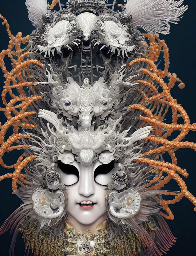 Image similar to goddess macro close - up portrait wigh crown made of ram skull. beautiful intricately detailed japanese crow kitsune mask and clasical japanese kimono. betta fish, jellyfish phoenix, bioluminiscent, plasma, ice, water, wind, creature, super intricate ornaments artwork by tooth wu and wlop and beeple and greg rutkowski