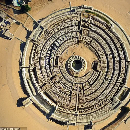 Image similar to A sprawling Mesopotamian city arranged in concentric circles as seen from above, with a giant tower and temple at its center