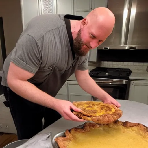 Prompt: ethan van sciver with a bald head and grey trimmed beard is sniffing a warm baked pie in his kitchen in the middle of the night h 7 0 4