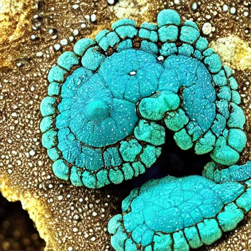 Prompt: a close up of a rock with blue and green beads, a macro photograph of chlorociboria by benoit b. mandelbrot, rhizomorphic fungus mycelium hyphae, trending on unsplash, ecological art, bioluminescence, macro lens, macro photography