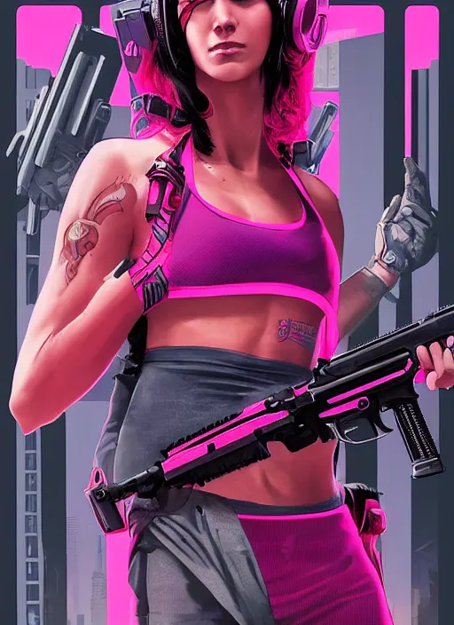 Image similar to beautiful cyberpunk female athlete wearing pink athletic gear. firing a futuristic red automatic pistol with huge magazine. ad for pistol. cyberpunk poster by james gurney, azamat khairov, and alphonso mucha. artstationhq. gorgeous face. painting with vivid color, cell shading. ( rb 6 s, cyberpunk 2 0 7 7 )