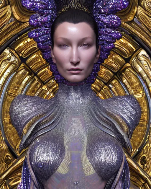 Image similar to a highly detailed metahuman 4 k close up render of an alien goddess bella hadid monument renaissance in iris van herpen dress schiaparelli in diamonds crystals swarovski and jewelry iridescent in style of alphonse mucha gustav klimt trending on artstation made in unreal engine 4