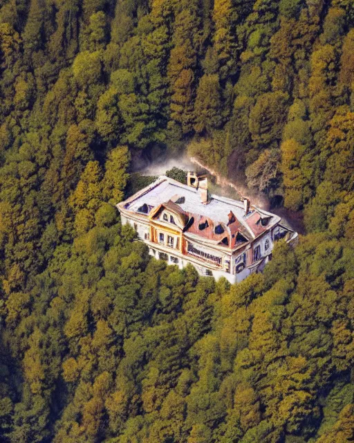 Prompt: mansion in the alps set on fire, zoomed out, shot from drone, iphone capture, fire