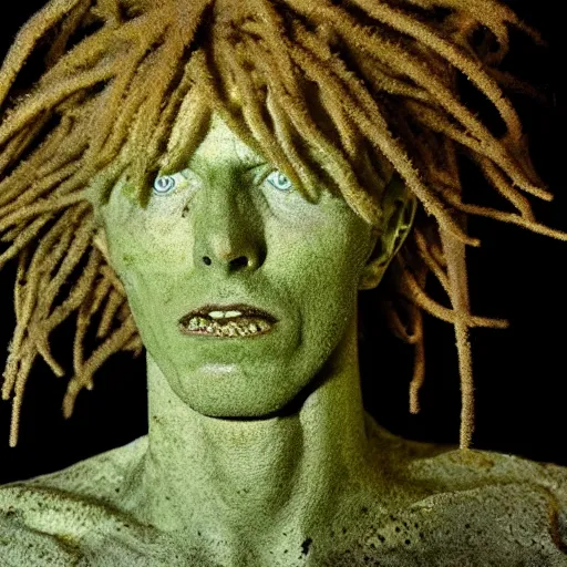 Image similar to Award-winning photograph by Mar Mann. The photo depicts a decaying roman bust of David Bowie overgrown with moss at the bottom of the sea in the middle of ruins of civilization. Minimalism, high definition, perfect composition. Deep sea picture. Very dark. Volumetric Lighting. Fish. Darkness. Ruins