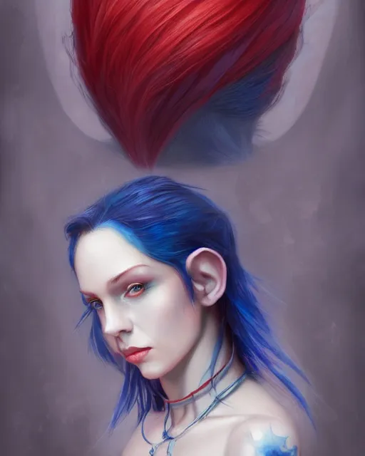 Image similar to A detailed matte oil on canvas head on symmetrical portrait of a distinguished elven woman with split red and blue hair on an empty background, by Charlie bowater, Wlop, trending on artstationhd, dungeons and dragons art, parted hair , half blue, half red , split dye, critical role