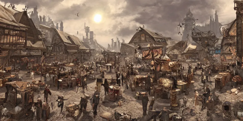 Image similar to a busy marketplace full of merchants in an old medieval town, fallout style, fantasy apocalypse, digital art, 4 k,