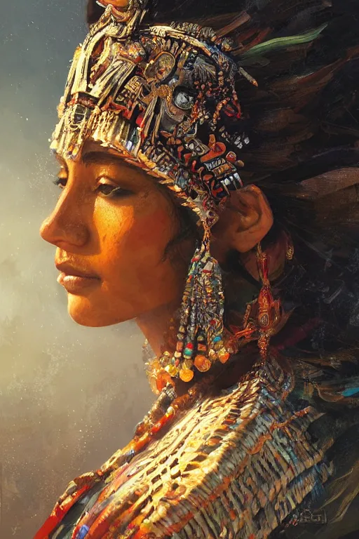 Image similar to aztec princess, gorgeous, close - up portrait, intricate, elegant, volumetric lighting, scenery, digital painting, highly detailed, artstation, sharp focus, illustration, concept art, ruan jia, steve mccurry