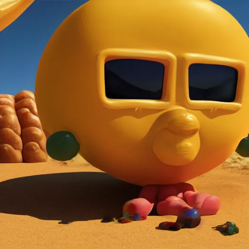 Image similar to promotional movie still the biggest frying pan in the world is in a desert. in the pan are life - size gummi bears that are melting. it's very sunny and very hot. the gummi bears are sweating. 3 d, digital art, octane 3 d render, ue 5, cinematic, imax 7 0 mm, product lighting, dramatic lighting. concept art.