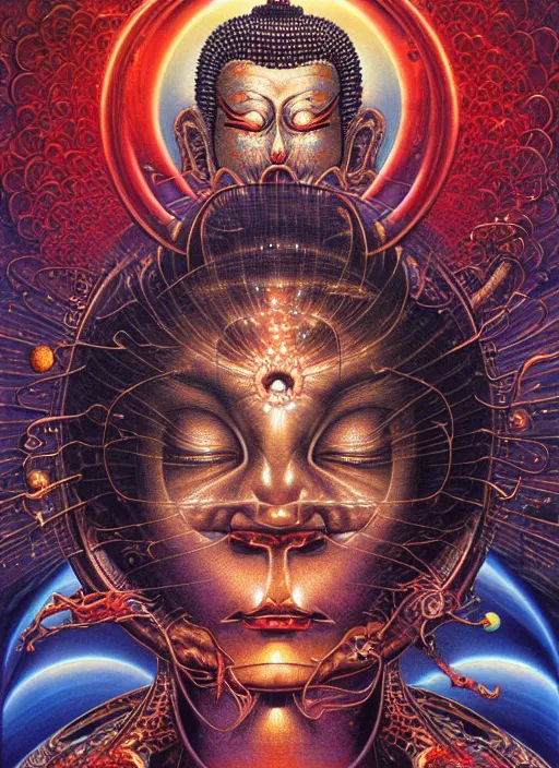 Prompt: realistic detailed image of a scared enlightened buddha kissing a satan in the outer space by Ayami Kojima, Amano, Karol Bak, Greg Hildebrandt, and Mark Brooks, Neo-Gothic, gothic, rich deep colors. Beksinski painting. art by Takato Yamamoto. masterpiece