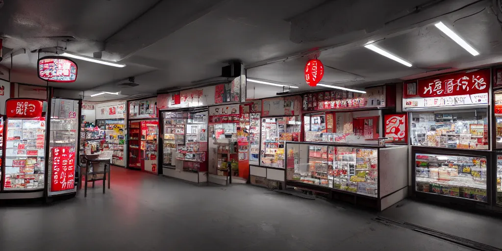 Prompt: interior of a japanese convenient store after midnight, large windows with a view of a parking lot, grey interior, low lights, red glow of japanese neon signs, kitchen in the background, desolate, cinematic, 8 k