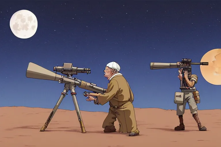 Prompt: a study of a cell shaded cartoon pope firing a bazooka on a desert road in front of a big moon, full body, wide shot, very muted colors, post grunge, studio ghibli, laurie greasley, highly detailed, deviantart, art by artgem