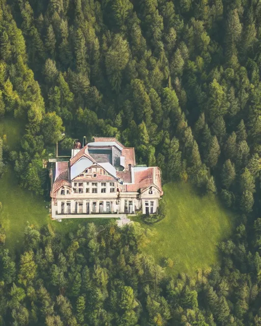 Prompt: mansion in the alps set on fire, zoomed out, shot from drone, iphone capture, fire