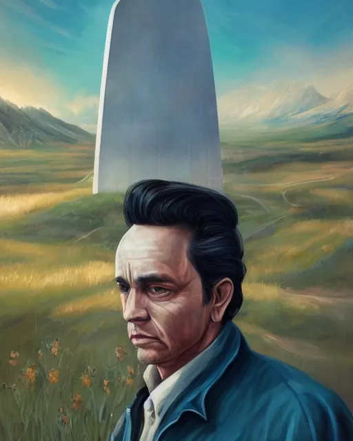 Prompt: portrait of jonny cash, beautiful landscape, highly detailed, machine planet, alien utopia, glass obelisks, ufo in the sky, full of color, advanced technology, cinematic lighting, sharp focus, artstation, intricate, masterpiece, art by maria panfilova and dylan kowalski and huifeng huang